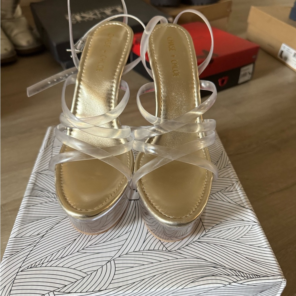 Pleaser Gold and Clear Strappy Heels